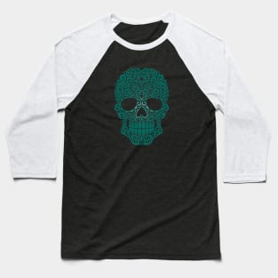 Teal Blue Swirling Sugar Skull Baseball T-Shirt